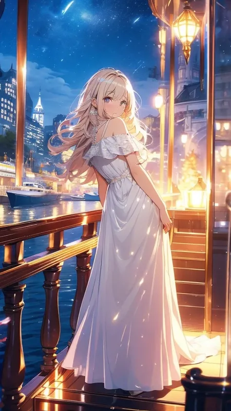 masterpiece、Highest quality、High-quality images、High resolution、8k、1 Female、detailed、detailedな目の描写、Skin luster、Shiny Hair、Platinum Blonde Long Dress、Elegant dress、Night Cruise、Night view from the boat