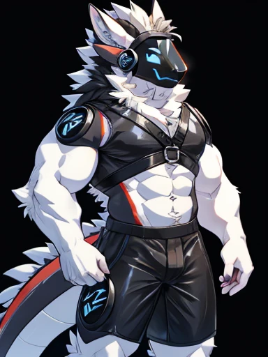 white protogen dragon, bara, 4 white eyes, 4 ears, 2 black horns, long hair, glasses, a hat, in black shorts, buff pose, shirtless, black harness, muscular, tall