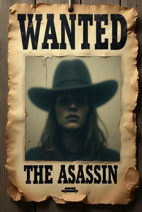 Wanted poster、western drama、On a weathered poster「Beware the assassin」it is written like this、Tattered and unreadable letters、Blurred letters、A deteriorating poster、Tattered poster、A hazy photo、A photo of a face with eyes covered、Gender-indeterminate figur...