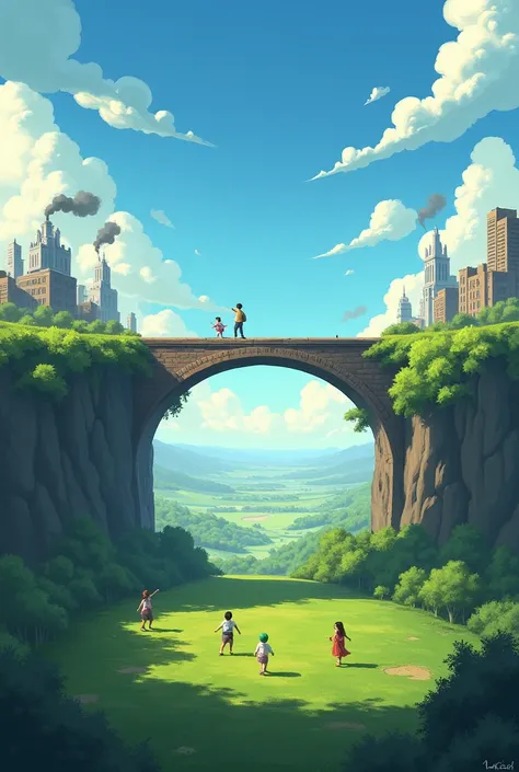 A divided landscape: On one side, cities in ruins with damaged buildings and smoke in the air; from the other, children playing in a green field under a blue sky, symbolizing hope and rebirth. in the middle, a bridge that connects the two worlds, represent...