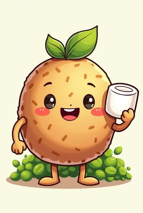 cartoon mascot of graham balls for logo, holding marshmallow on right hand, with green crushed leaves to the body of graham balls, add one leaf hair, and make him round
