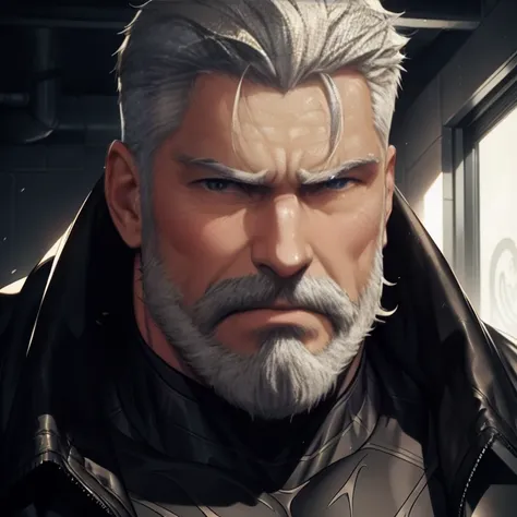 a muscular man, quiff hairstyle, gray hair, gray mustache, gray beard, venom symbiote, large white spider logo on symbiote, hand...