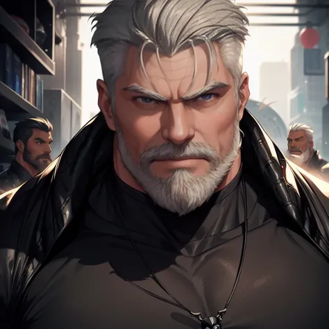 a muscular man, quiff hairstyle, gray hair, gray mustache, gray beard, venom symbiote, large white spider logo on symbiote, hand...