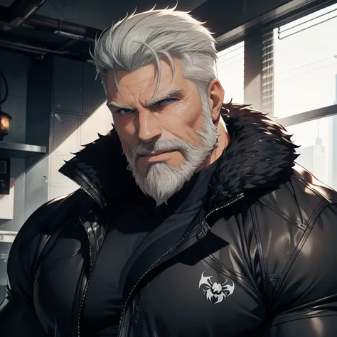 a muscular man, quiff hairstyle, gray hair, gray mustache, gray beard, venom symbiote, large white spider logo on symbiote, hand...