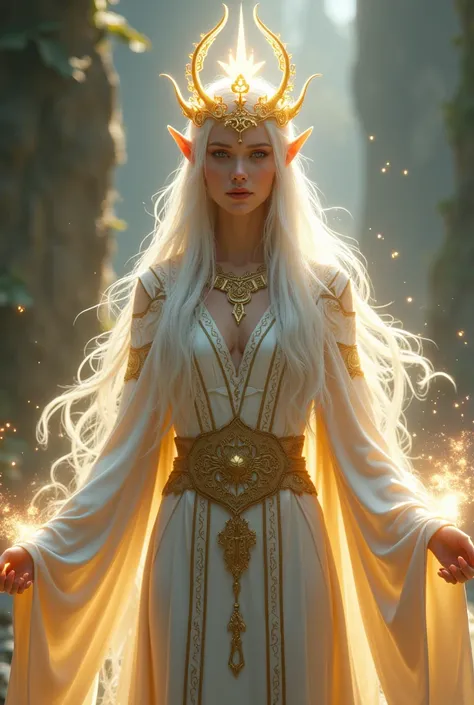 Adult Elf, with white hair, golden crown and power of light