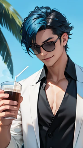 alone、A black suit with a white open-neck shirt showing off his collarbone、Smooth blue hair that reaches down to her back、Eyes showing through sunglasses、Handsome man smiling while holding a cup and looking at the camera、Hair up to the neck