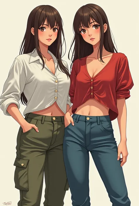 a 2 woman, Japanese ancestry, clear brown eyes, with a mole under the right eye, long straight brown hair, light skinned, slim build but with defined chest and hips, wear cargo pants and an oversized blouse, in anime style please 