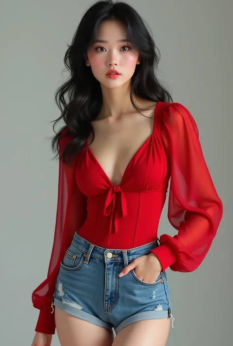 A beautiful Korean white-skinned babe in sexy denim shorts and a red blouse 