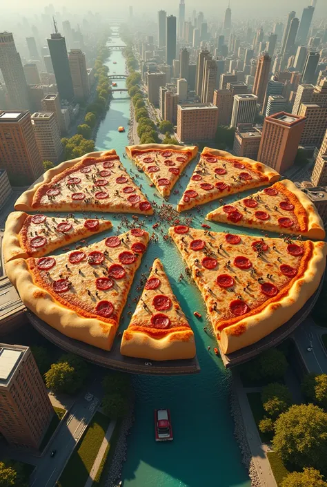 Giant pizza that can be seen from above and the inside of the pizza is a city with its streets,its rivers and bridges, cars passing by, tranvias, people on the street, Parks, trees all in flat and very realistic aerial view all this inside the pizza