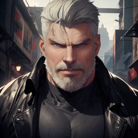 a muscular man, quiff hairstyle, gray hair, gray mustache, gray beard, venom symbiote, large white spider logo on symbiote, hand...