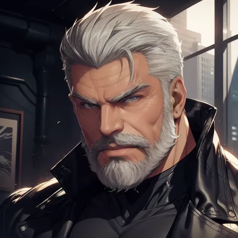 a muscular man, quiff hairstyle, gray hair, gray mustache, gray beard, venom symbiote, large white spider logo on symbiote, hand...