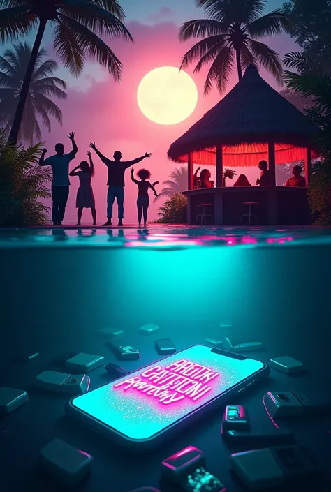 A cinematic poster divided into two starkly contrasting scenes, separated by a turquoise pool that serves as a horizon line. Above the pool, surrounded by party lights, a quaint, rustic wooden bar with a conical palm leaf roof and a round bar counter, surr...