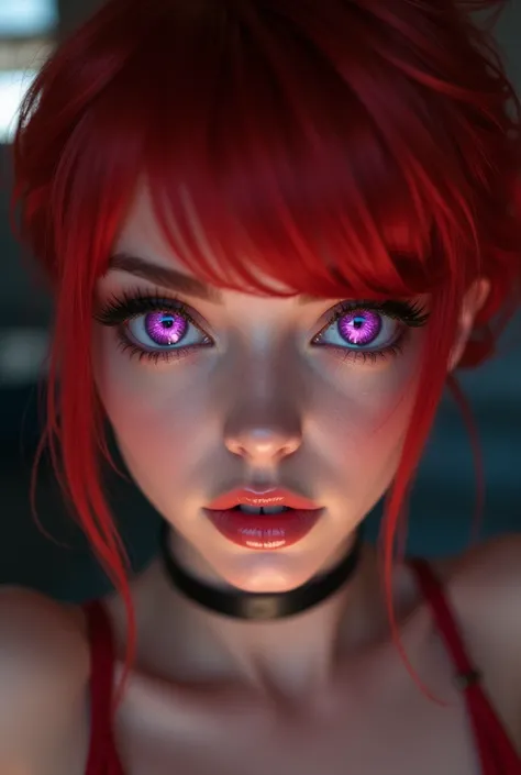 Red hair,Short Hair,purple colored contacts,nsfw