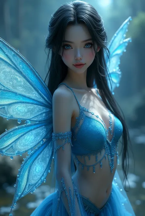 Water Fairy,long black straight hair,skin asian branch ,blue tight skirt and blue tight blouse with water drop details,clear blue eyes,sparkling blue wings