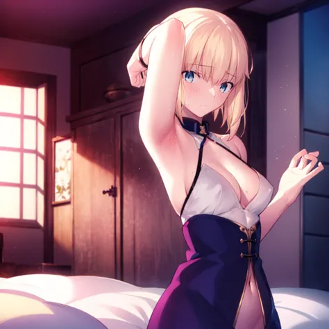 High resolution, 最high resolution,high resolution,{Things to know_f de stay night ufotable:1.15}, Rubio_ Best Quality, masterpiece, フルnude,Sweatだく,Blushing,smile,Armpitアップ,Sweat,Armpitを広げて見せている,bed,Moist,Blonde,whole body,pubic hairあり,Love juice,Armpit,sid...