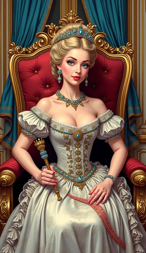 The young and beautiful Marie Antoinette。whole body。Sitting on the throne、Holding a scepter and jewel。Chateau de Versailles, American comic style