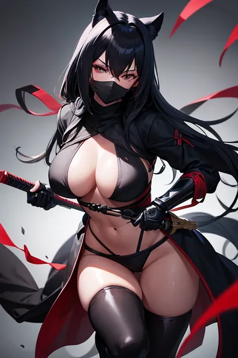 assassin, holding two kunais, wearing black mask only revealing eyes and lower half of face, sexy body, female, black Shinobi outfit revealing her abdomen, 