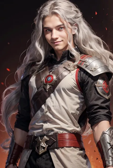 A man. Young figure around 2. He is a soldier of ancient gods. Medium to long hair, Silver Hair, Wavy Hair. Red Eyes, Symbol-Shaped Pupils, Smile. Simple background.