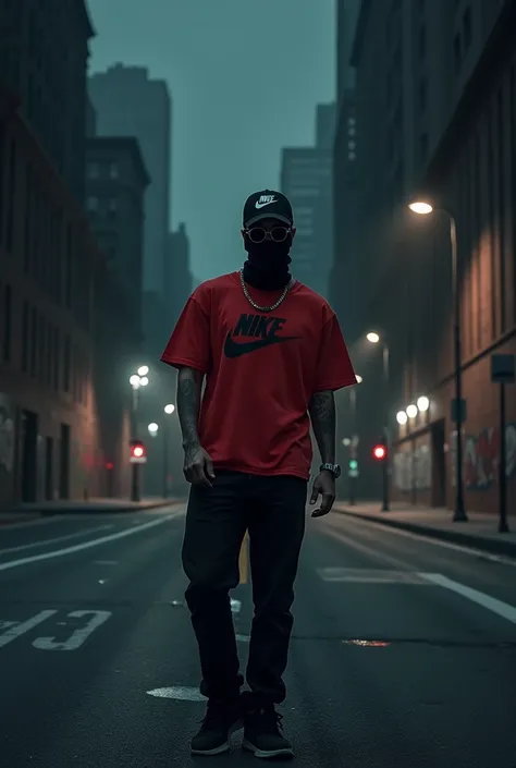 In the background, big buildings and a wide black street with graffiti and in it a man with a black Nike cap, sunglasses and a black sky mask. Yes, he has a red Nike T-shirt and black jeans. Outside is night he look at me