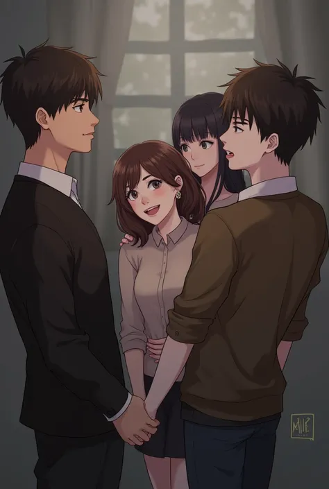 


The young woman is gazing at a handsome young man while one young man person is standing beside her and looking at her, and another young woman is holding onto a young mans arm. make it fan art 