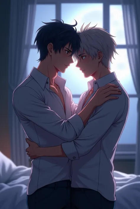 In a softly lit bedroom, two anime-style male characters are standing near a large window, the moonlight streaming in and casting gentle shadows on their bodies. One man is standing behind the other, his arms wrapped around his partner’s waist, his chin re...