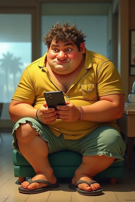 obese yellow man with big nose in flip-flops playing on cell phone with hard hair