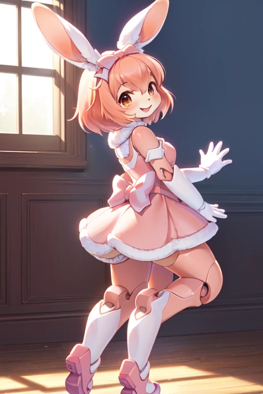 playful, happy expression, animated bunny character, pink dress with large bow, pink hair accessory, short and styled orange hair, wearing gloves, dynamic pose, standing on one leg, playful body direction, looking back with a smile, cute and whimsical atmo...