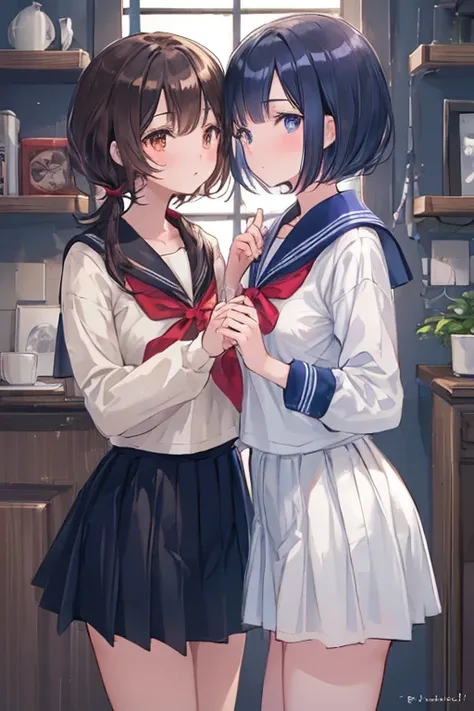 a beautiful detailed 2 girls in sailor uniforms, similar looks, one with black short bob hair and one with golden twin tails, kissing scene, highly detailed, photorealistic, 8k, best quality, masterpiece, intricate details, cinematic lighting, warm color t...