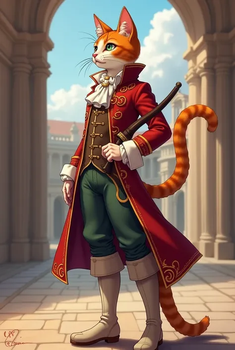 create a musketeer cat standing on two legs, anime styling, looking in profile 