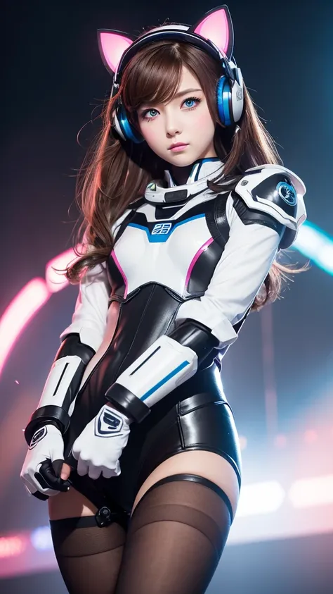 masterpiece, Highest quality, High resolution, One girl, Super High resolution, alone, Mecha Pilot, is.and, Headphones, Pink Eyes, Blue tights, Brown Hair, White gloves, Cat face decoration,