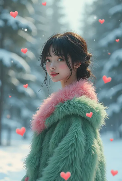 masterpiece, Best Quality, Very detailed, High resolution, HdR, 1 girl, Alone, (Mitsuri)++ in the snow, in love, sexy smile, love hearts, snow trees, green eyes,  by the wide, green pink fur