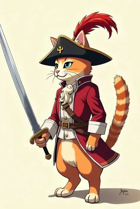 Create a musketeer cat with only the hat and the sword, standing on two legs, anime style, looking in profile 