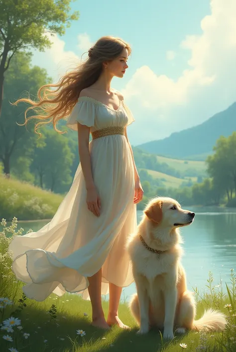 Beautiful scenery and girl with her dog