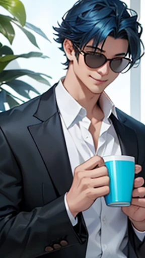 alone、A white open-necked shirt and a black suit showing off his collarbone、Smooth blue hair that reaches down to her back、Eyes showing through sunglasses、Handsome man smiling while holding a cup and looking at the camera、Hair up to the neck