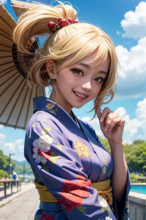 Bust-up of a dark-skinned blonde gal in a kimono, laughing cheerfully under the bright summer sky