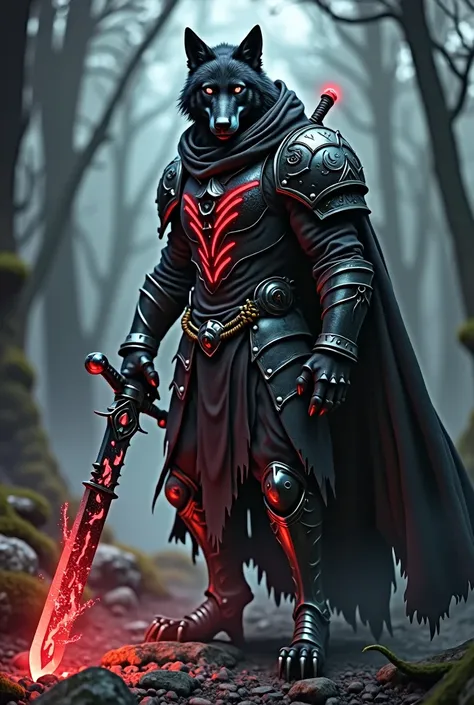 "A black wolf with red stripes and glowing red eyes, wearing Slave Knight Gaels worn armor with a hood and cape. The wolf wields a heavily damaged greatsword, surrounded by a red aura. It stands in a dark, misty forest, exuding a battle-ready presence. The...