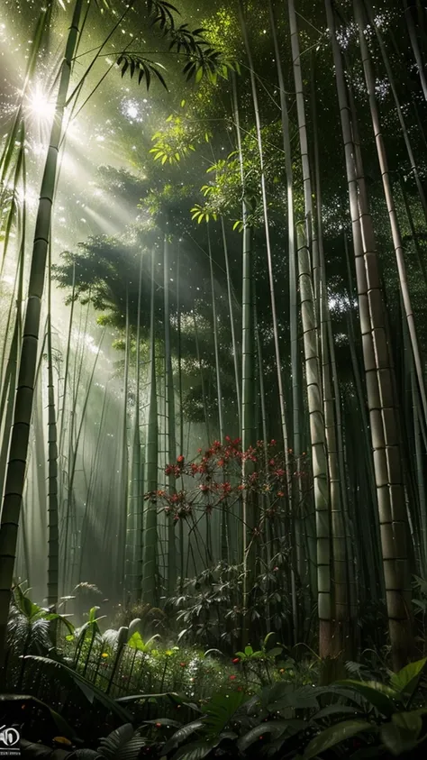  A dense, overgrown bamboo forest with an eerie silence, sunlight barely shines the canopy, revealing a single, blood-red flower blooming amidst the green. Wide angled shot, highly detailed Rendered, true colors, depth of field 