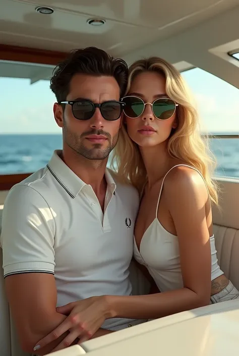 Man with dark brown hair and brown eyes wearing a Fred Perry polo shirt along with a woman with blonde green eyes and long hair inside a 16k ultra-realistic photorealistic super detailed yacht wearing sunglasses 