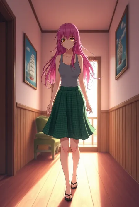 A 1 anime style woman, walking down a hallway, Pink House, wooden floor, hanging ship portraits, at daytime, mide 174 CM, Its measurements are B 65, At 35, H 90, She has long, wet fuchsia hair, long bangs, His eyes are golden, expression of relief when say...