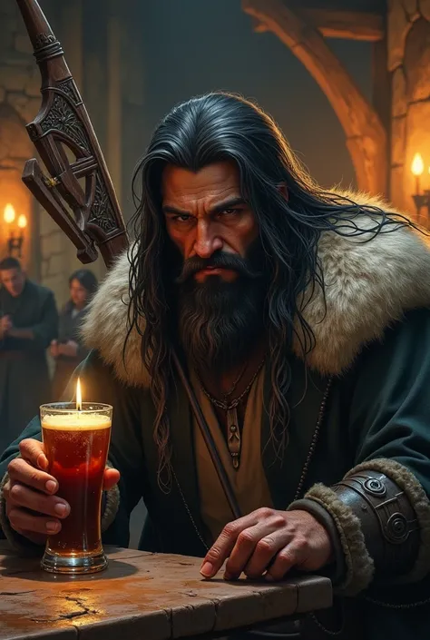 Mysterious long haired archer man in a medieval fantasy tavern drinking mead alone 