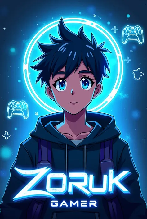 Create a Youtube Banner for a Professional Gaming channel, the name "Zoruk gamer" in a futuristic font and a neon blue colour. And Boy Anime Avtar, The youtube banner also has a stylized controller icon and a Free Fire Logo in the banner background. The lo...