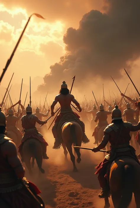 Here’s a detailed prompt for an image of the Mahabharata war:

"A fierce battle scene from the Mahabharata, featuring ancient Indian warriors on horseback, wielding bows, arrows, swords, and shields. The scene shows two large armies clashing in a massive f...