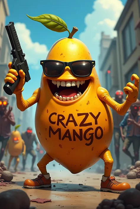 A crazy smiling mango with sunglasses fighting zombies with a gun. I got a tattoo that says Crazy Mango.