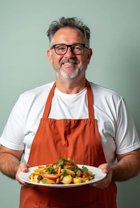 Let&#39;s create a recipe cover. The cover has to have a man holding a plate of food, very nice. This man has to be 40 years old and wears glasses. He&#39;s a little chubby.