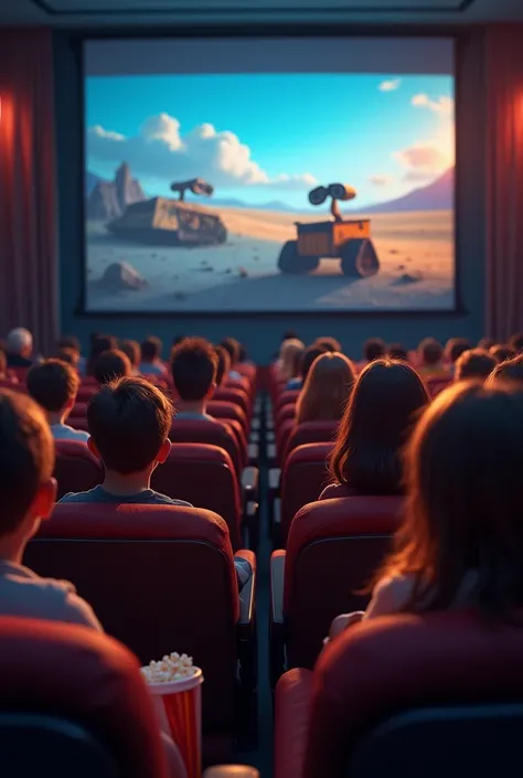 A group of attentive people watching a film in the school auditorium, The movie is Disney&#39;s Wall-e and all the characters need to be facing the movie screen.