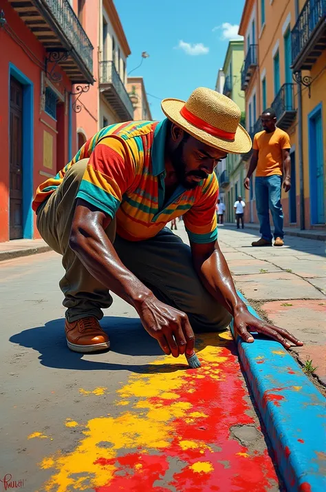  africana (vulgo Paulo someone) painting curb on the street with Alexandre de Morais 