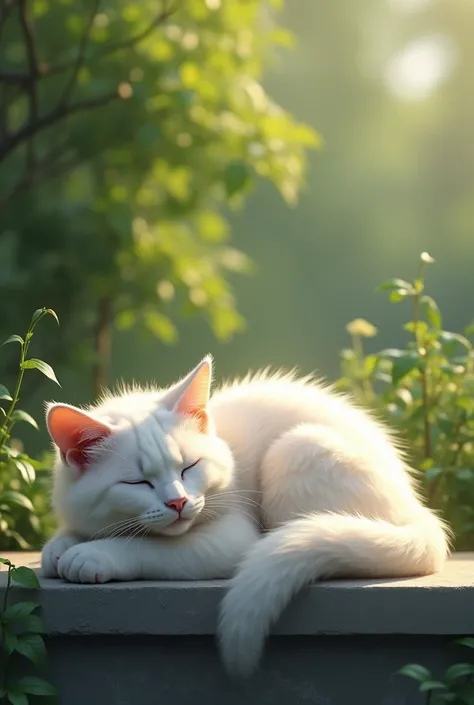 A serene white cat with closed eyes, resting on a concrete ledge with foliage in the background, capturing a moment of peacefulness in an outdoor setting. The cats fur glows softly in the sunlight, and the surrounding greenery adds to the tranquil atmosphe...