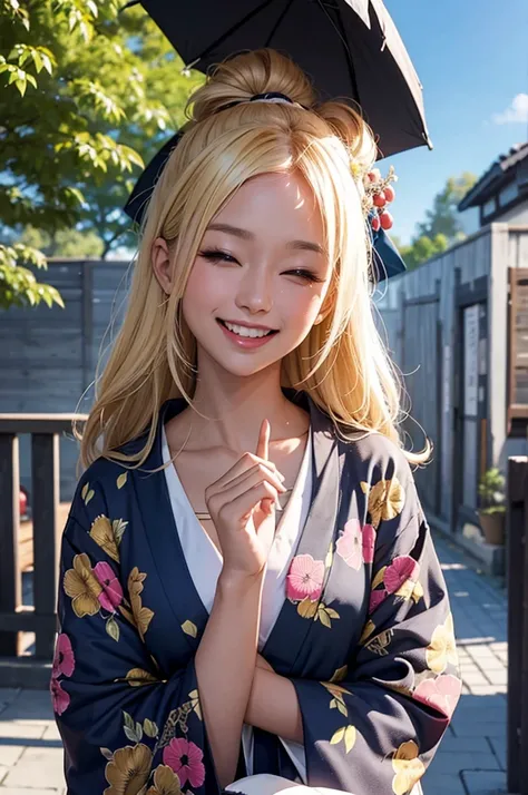 Bust-up of a dark-skinned blonde gal in a kimono, laughing cheerfully under the bright summer sky