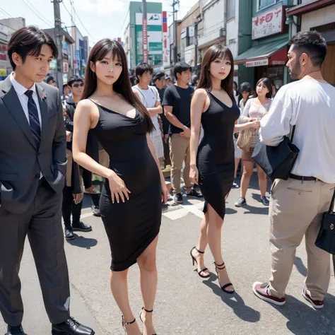 A beautiful Japanese woman、She is wearing a tight dress and is being looked at by several men.