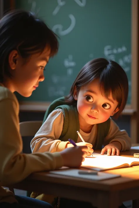 Little student teaching with his teacher 
